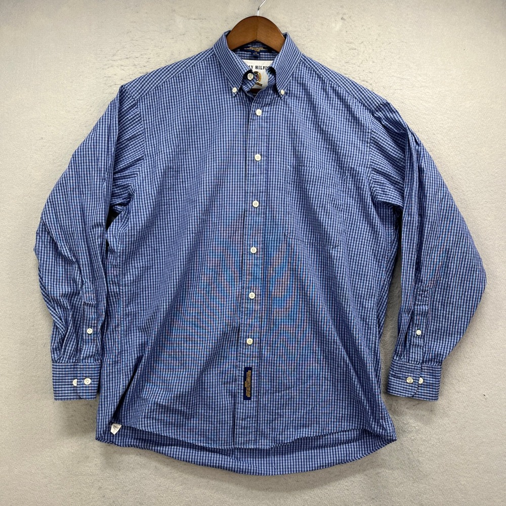 Tommy Hilfiger Dress Shirt Mens 15 32-33 Blue Gingham Plaid Oxford Long Sleeve